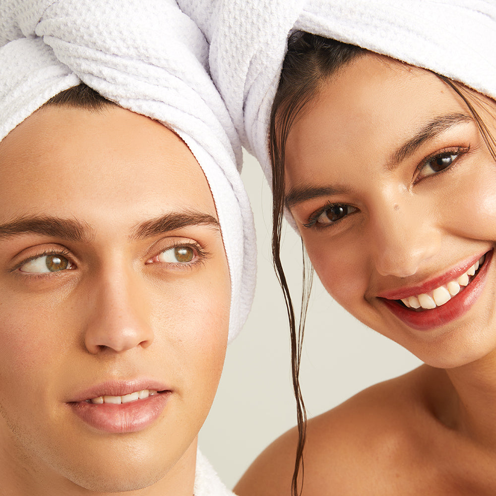 Two models wearing their Microfibre Hair Towels